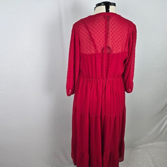 Torrid Dress Women's 0X 12 Red Midi Dot Chiffon Cottagecore Lagenlook 3/4 Sleeve - Picture 11 of 13